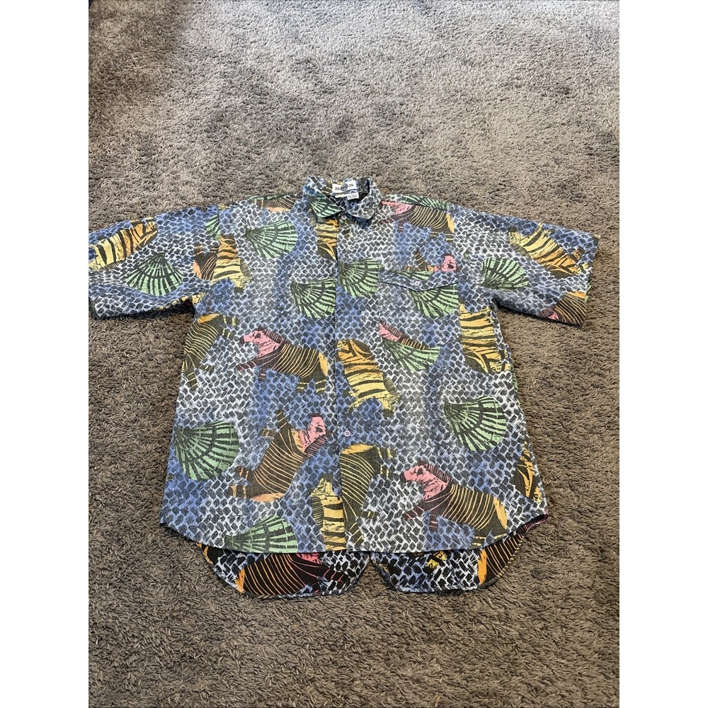 Vtg Zeppelin Shirt Mens Large L Faded Geometric All Over Print Zebra Button Up